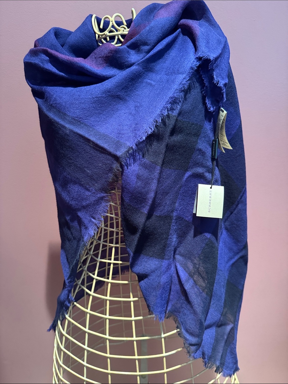 Burberry Blue & Purple Mega Check Wool Scarf Wrap 100cm x 100cm - NWT